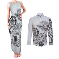 Polynesian Manta Ray Couples Matching Tank Maxi Dress and Long Sleeve Button Shirt Gray Floral Turtle Tattoo - Polynesian Pride