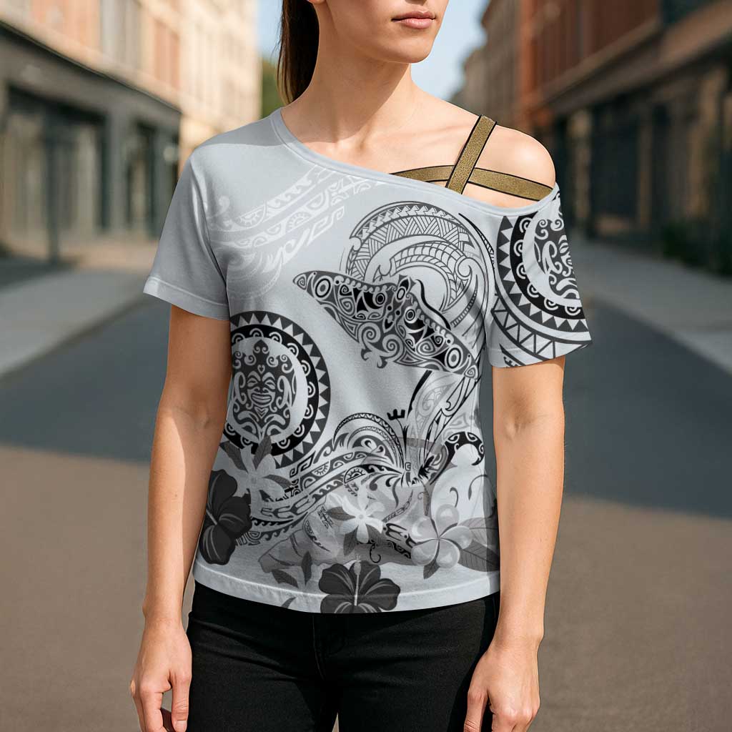 Polynesian Manta Ray Cross Shoulder Shirt Gray Floral Turtle Tattoo - Polynesian Pride
