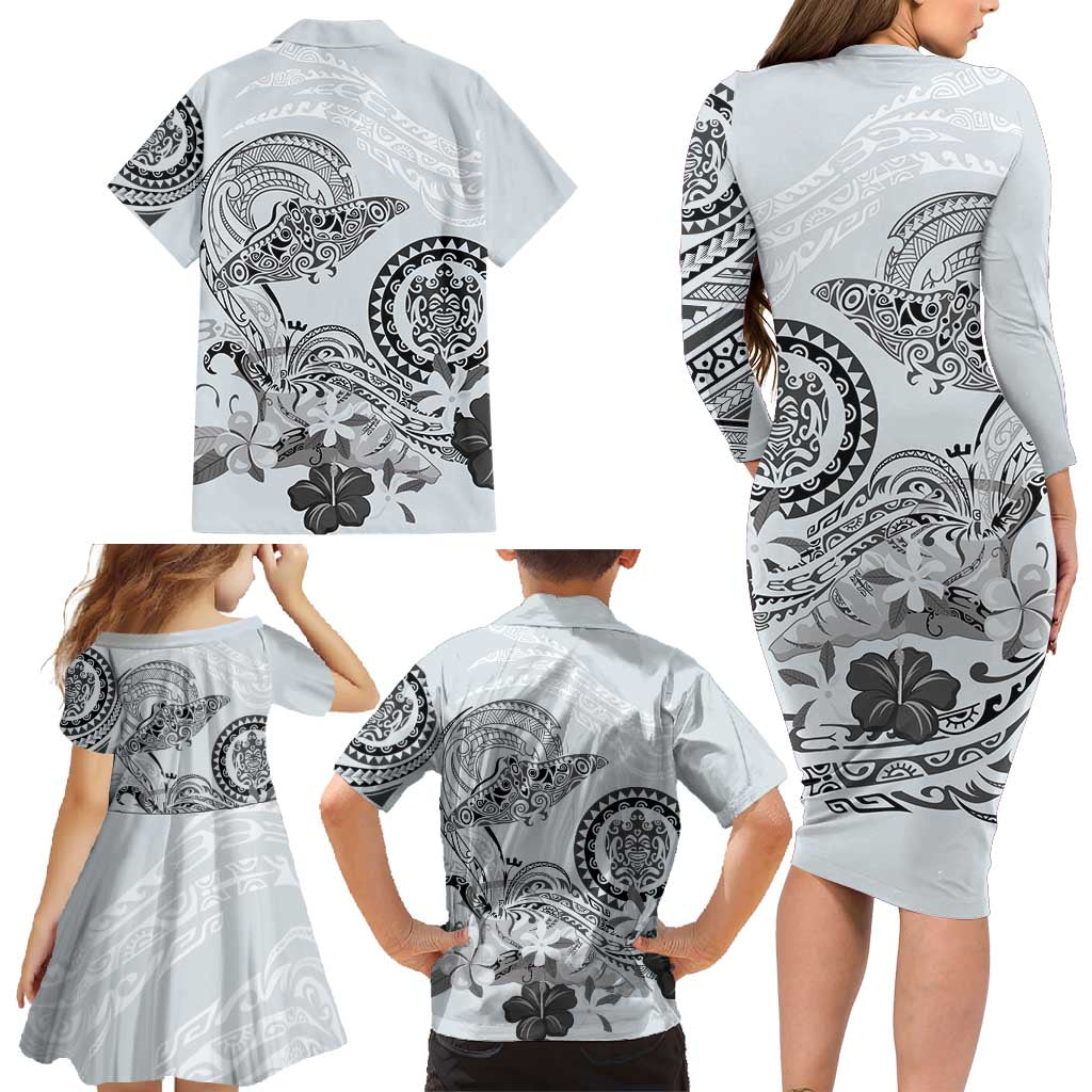 Polynesian Manta Ray Family Matching Long Sleeve Bodycon Dress and Hawaiian Shirt Gray Floral Turtle Tattoo - Polynesian Pride