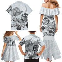 Polynesian Manta Ray Family Matching Mermaid Dress and Hawaiian Shirt Gray Floral Turtle Tattoo - Polynesian Pride
