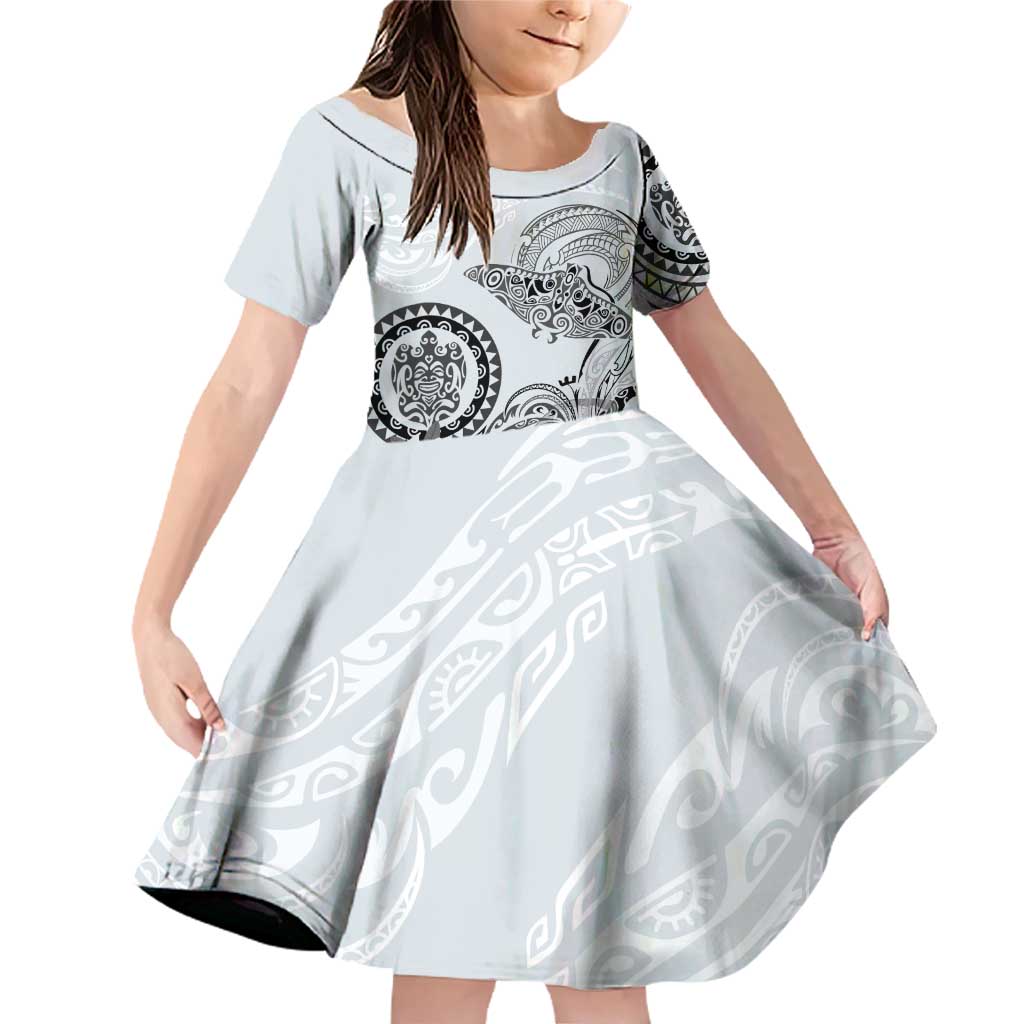 Polynesian Manta Ray Family Matching Off Shoulder Short Dress and Hawaiian Shirt Gray Floral Turtle Tattoo - Polynesian Pride
