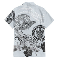 Polynesian Manta Ray Family Matching Off Shoulder Short Dress and Hawaiian Shirt Gray Floral Turtle Tattoo - Polynesian Pride