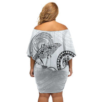 Polynesian Manta Ray Family Matching Off Shoulder Short Dress and Hawaiian Shirt Gray Floral Turtle Tattoo - Polynesian Pride