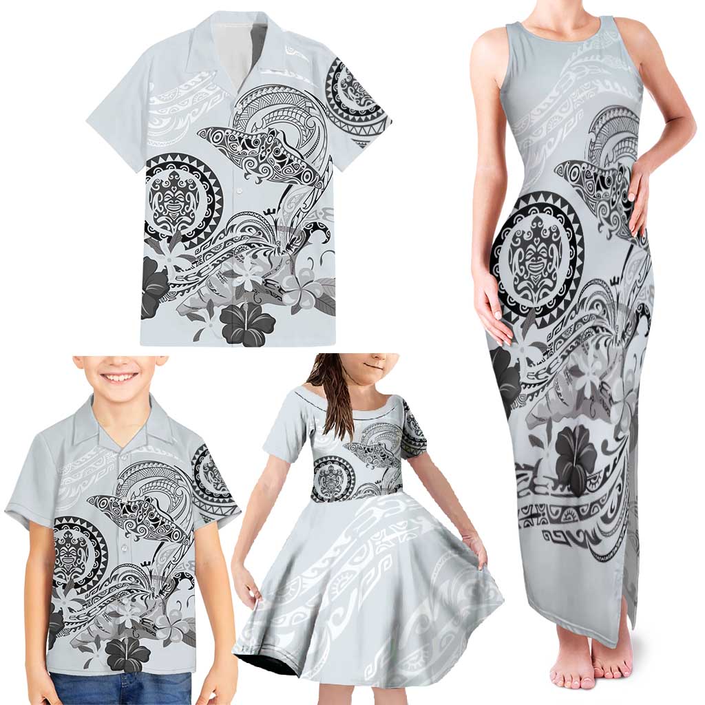 Polynesian Manta Ray Family Matching Tank Maxi Dress and Hawaiian Shirt Gray Floral Turtle Tattoo - Polynesian Pride