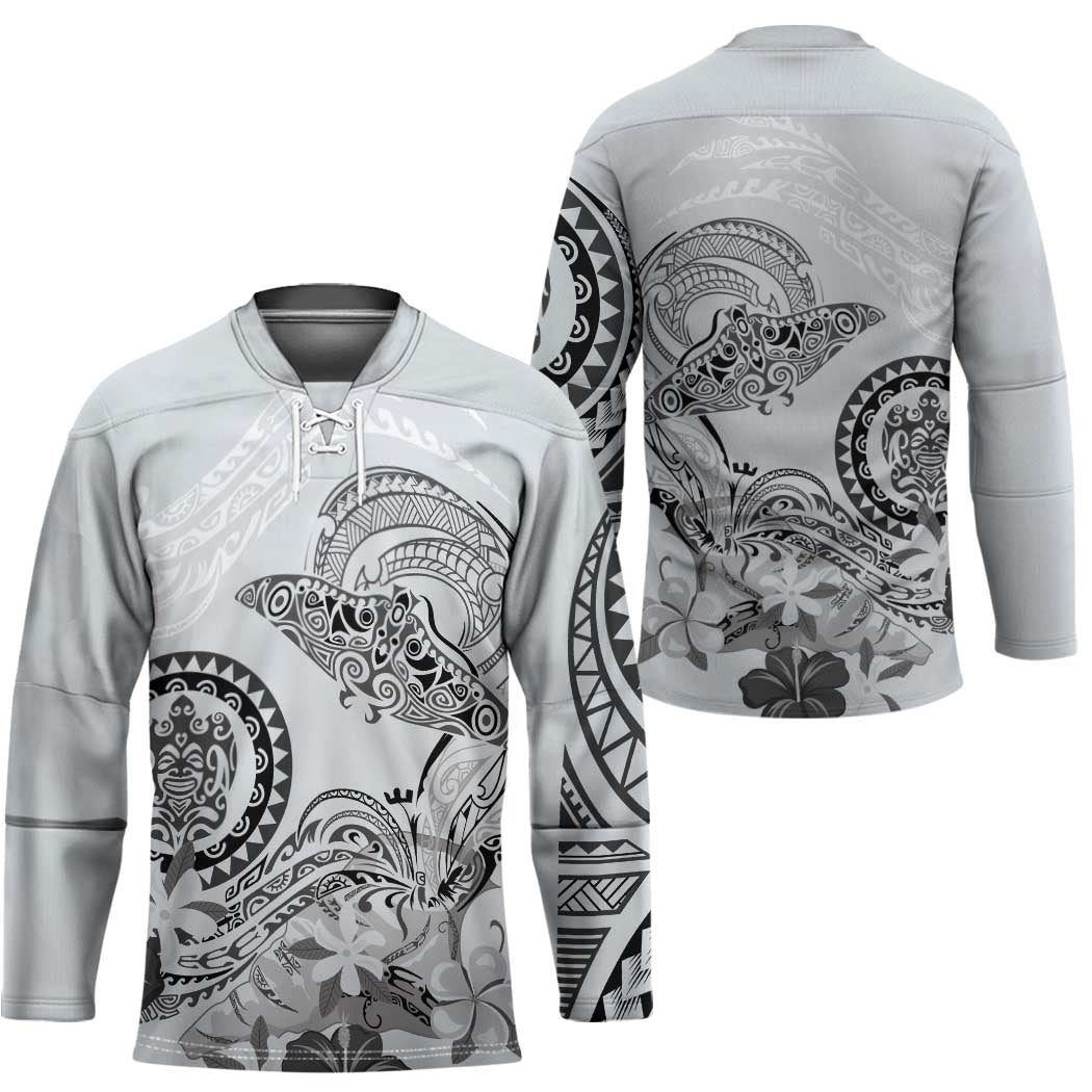 Polynesian Manta Ray Hockey Jersey Gray Floral Turtle Tattoo - Polynesian Pride