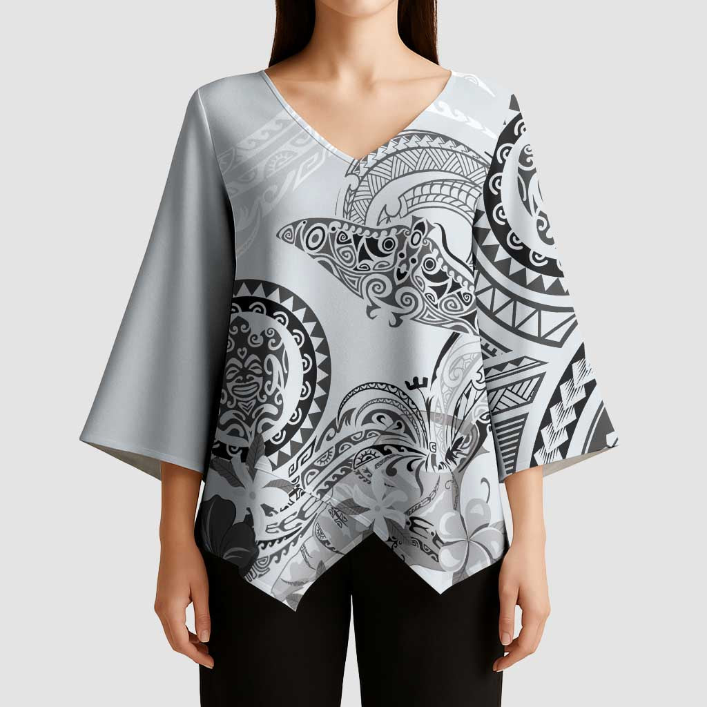Polynesian Manta Ray Kimono Sleeve Blouse Gray Floral Turtle Tattoo - Polynesian Pride