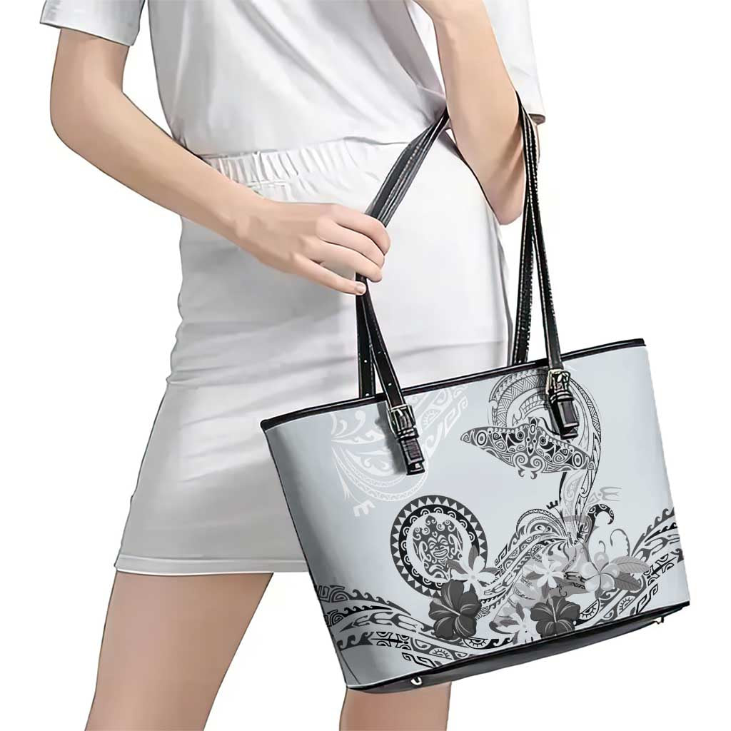 Polynesian Manta Ray Leather Tote Bag Gray Floral Turtle Tattoo - Polynesian Pride