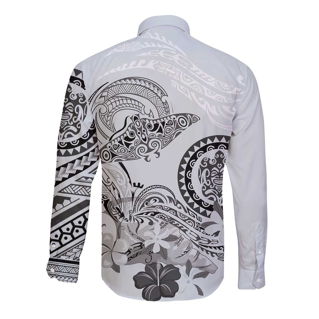 Polynesian Manta Ray Long Sleeve Button Shirt Gray Floral Turtle Tattoo - Polynesian Pride