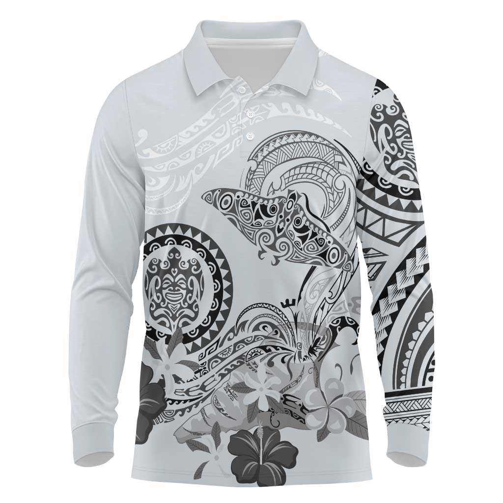 Polynesian Manta Ray Long Sleeve Polo Shirt Gray Floral Turtle Tattoo - Polynesian Pride