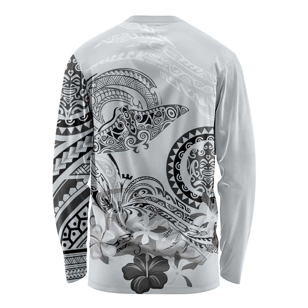 Polynesian Manta Ray Long Sleeve Shirt Gray Floral Turtle Tattoo - Polynesian Pride