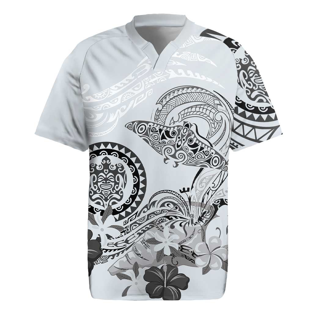 Polynesian Manta Ray Rugby Jersey Gray Floral Turtle Tattoo - Polynesian Pride