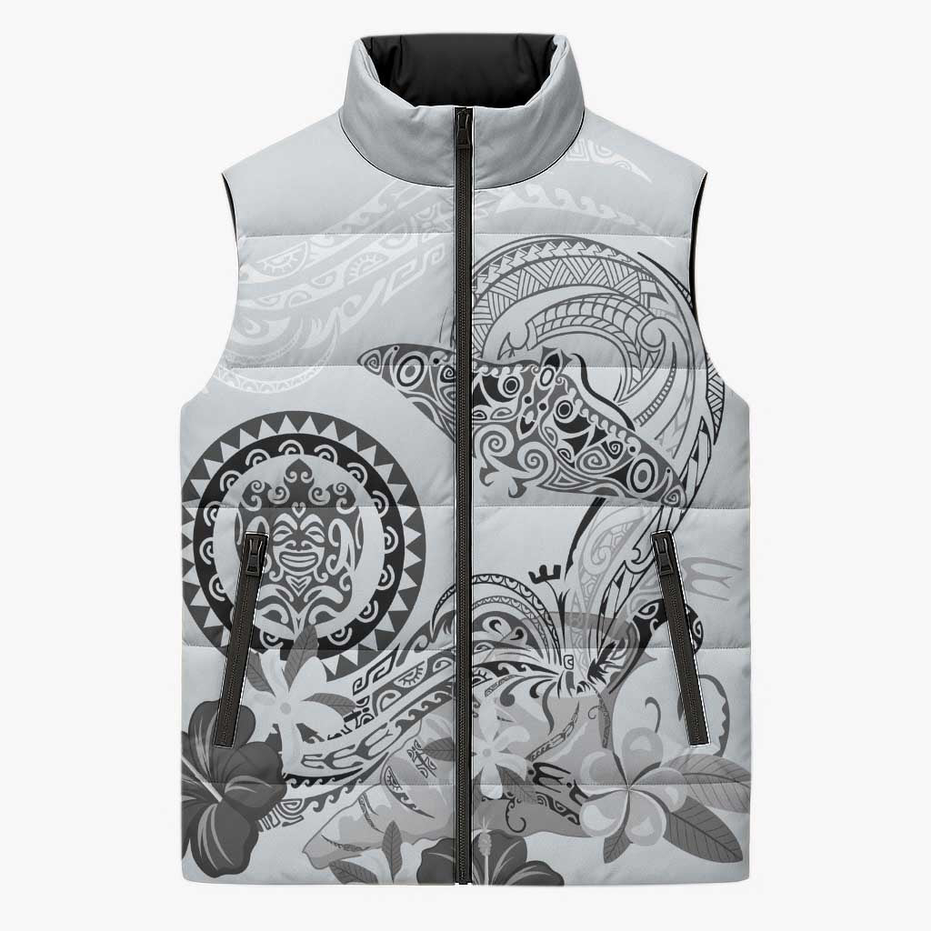 Polynesian Manta Ray Sleeveless Puffer Jacket Gray Floral Turtle Tattoo - Polynesian Pride