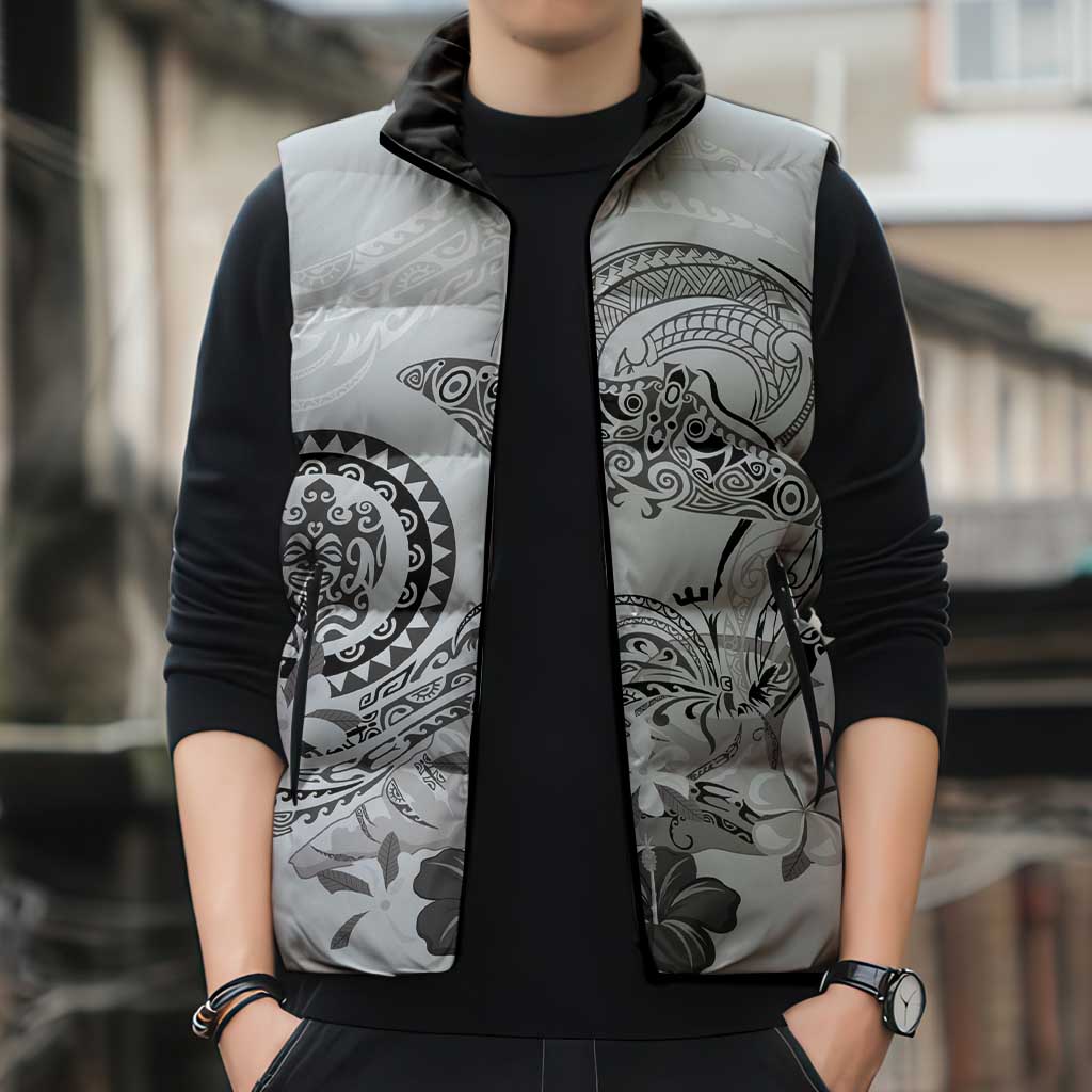 Polynesian Manta Ray Sleeveless Puffer Jacket Gray Floral Turtle Tattoo - Polynesian Pride