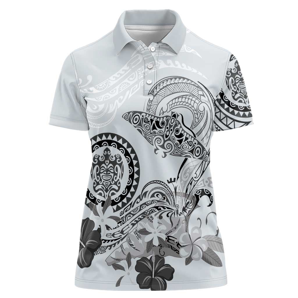 Polynesian Manta Ray Women Polo Shirt Gray Floral Turtle Tattoo - Polynesian Pride