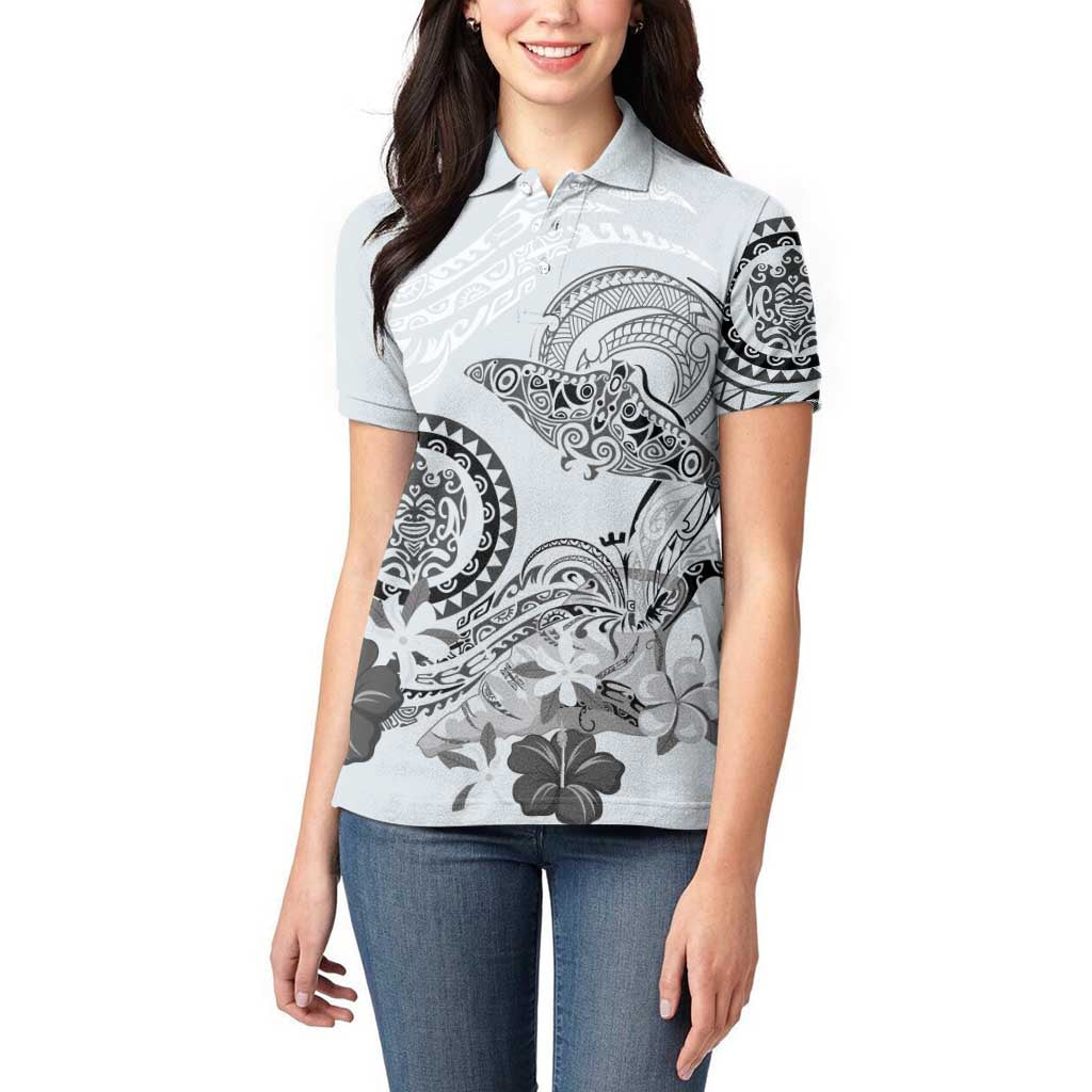 Polynesian Manta Ray Women Polo Shirt Gray Floral Turtle Tattoo - Polynesian Pride