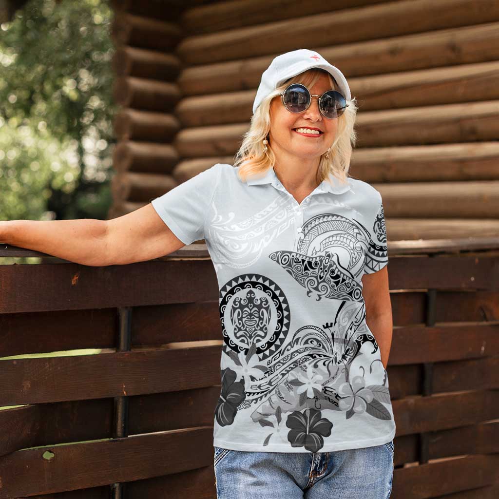 Polynesian Manta Ray Women Polo Shirt Gray Floral Turtle Tattoo - Polynesian Pride