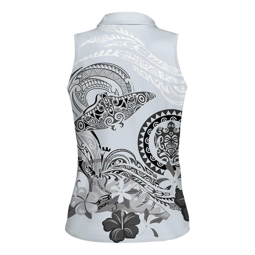 Polynesian Manta Ray Women Sleeveless Polo Shirt Gray Floral Turtle Tattoo - Polynesian Pride
