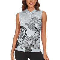 Polynesian Manta Ray Women Sleeveless Polo Shirt Gray Floral Turtle Tattoo - Polynesian Pride