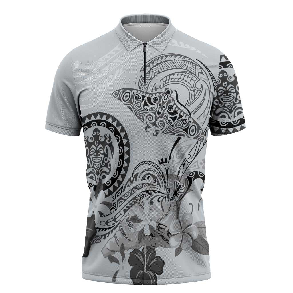 Polynesian Manta Ray Zipper Polo Shirt Gray Floral Turtle Tattoo - Polynesian Pride