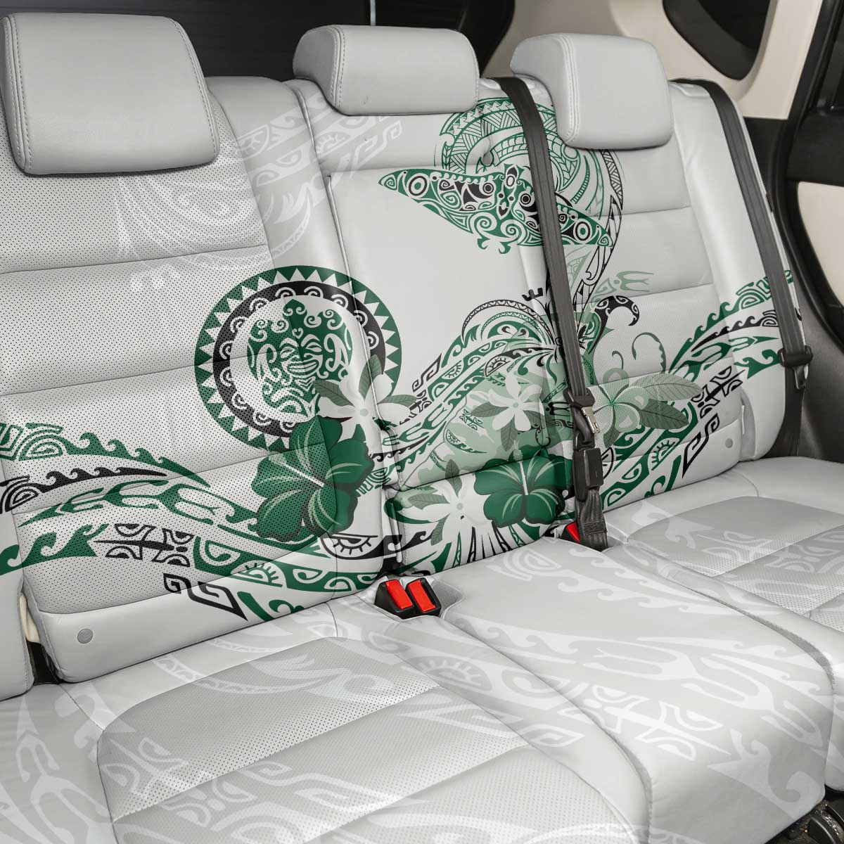 Polynesian Manta Ray Back Car Seat Cover Green Floral Turtle Tattoo - Polynesian Pride