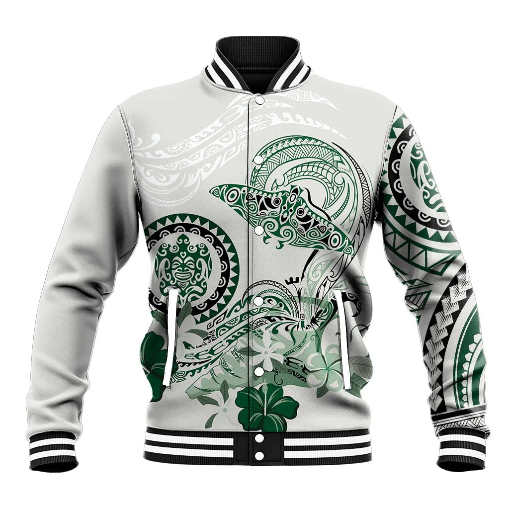 Polynesian Manta Ray Baseball Jacket Green Floral Turtle Tattoo - Polynesian Pride