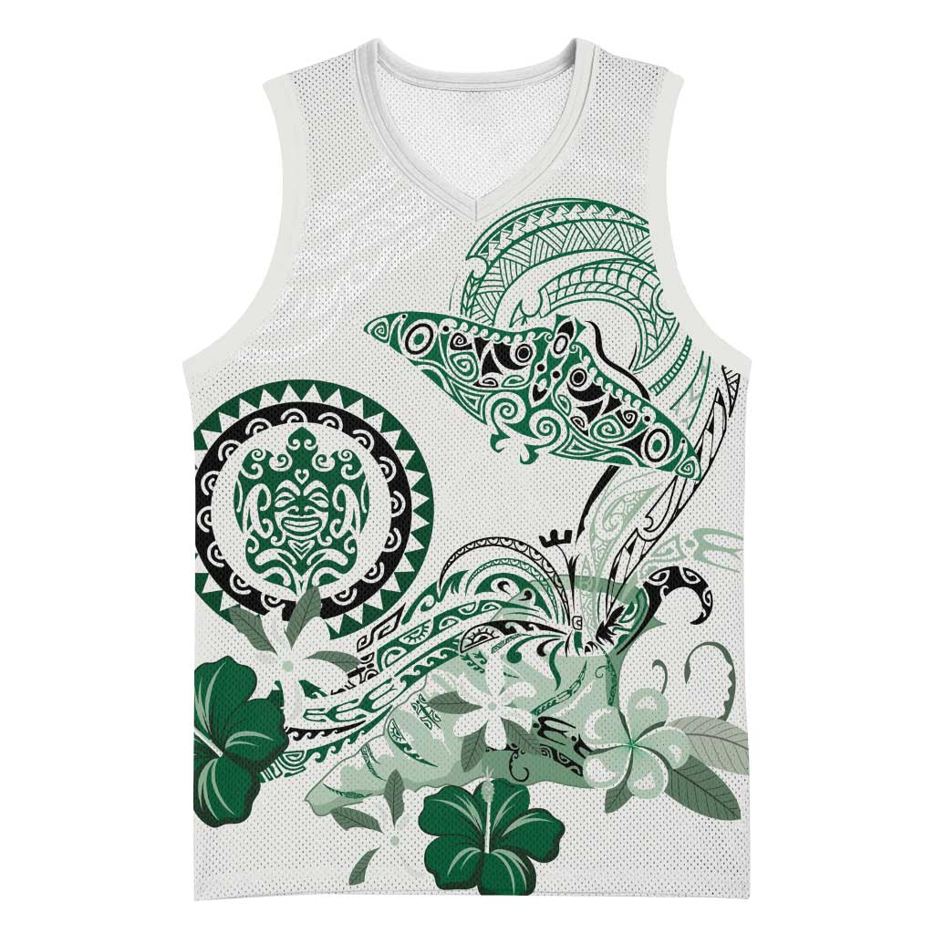 Polynesian Manta Ray Basketball Jersey Green Floral Turtle Tattoo - Polynesian Pride