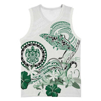 Polynesian Manta Ray Basketball Jersey Green Floral Turtle Tattoo - Polynesian Pride