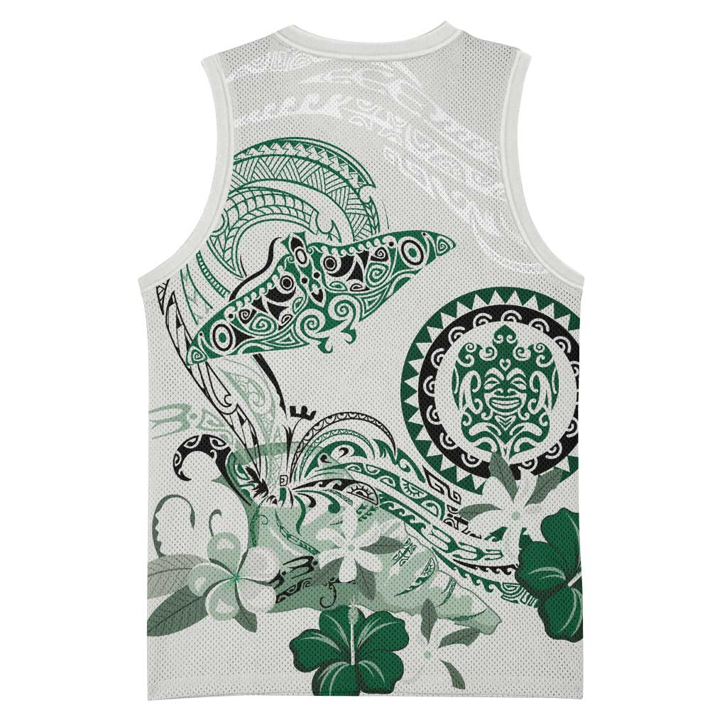 Polynesian Manta Ray Basketball Jersey Green Floral Turtle Tattoo - Polynesian Pride
