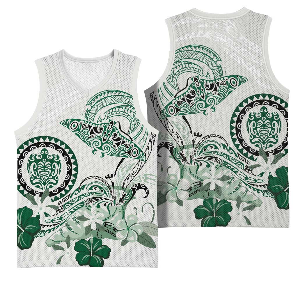 Polynesian Manta Ray Basketball Jersey Green Floral Turtle Tattoo - Polynesian Pride