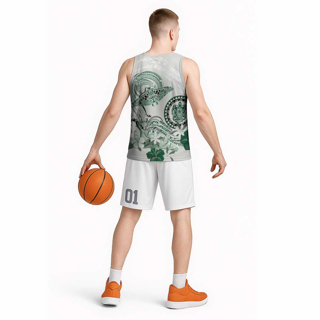 Polynesian Manta Ray Basketball Jersey Green Floral Turtle Tattoo - Polynesian Pride