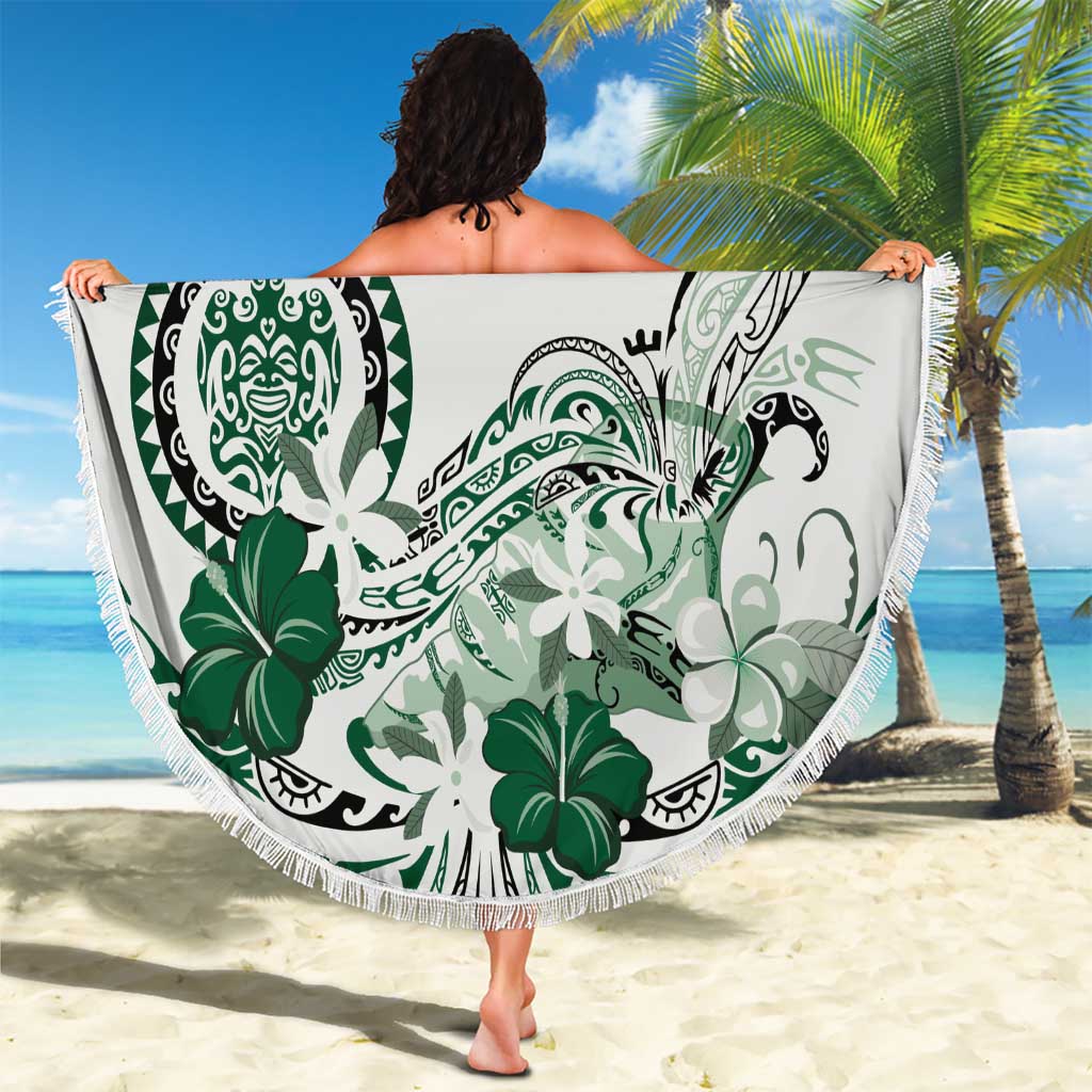 Polynesian Manta Ray Beach Blanket Green Floral Turtle Tattoo - Polynesian Pride