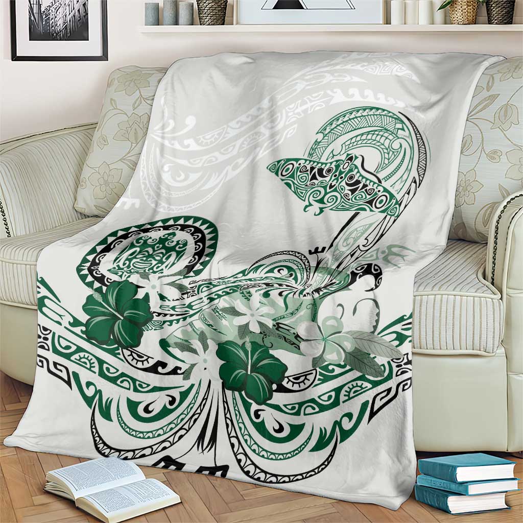 Polynesian Manta Ray Blanket Green Floral Turtle Tattoo - Polynesian Pride