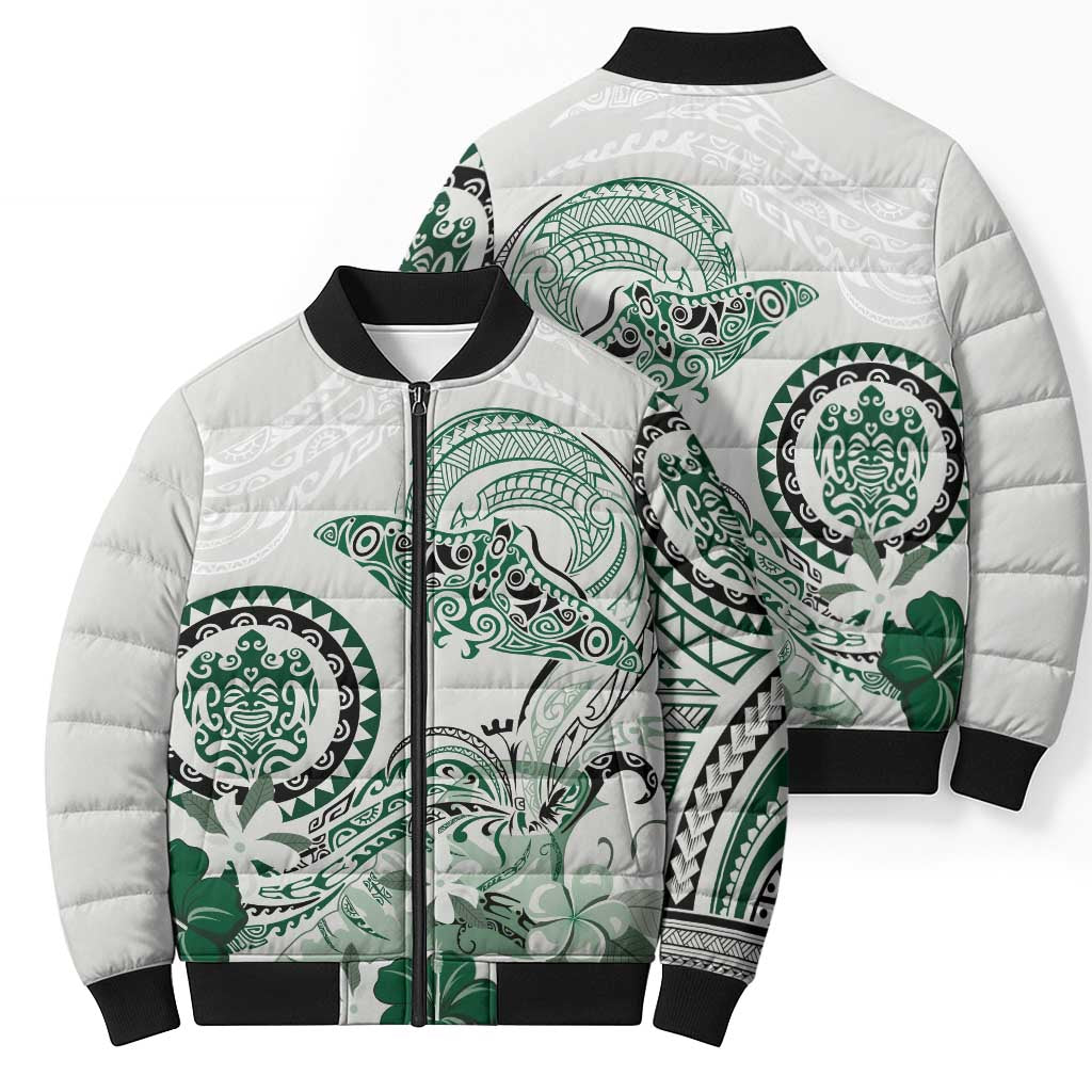 Polynesian Manta Ray Bomber Puffer Jacket Green Floral Turtle Tattoo - Polynesian Pride