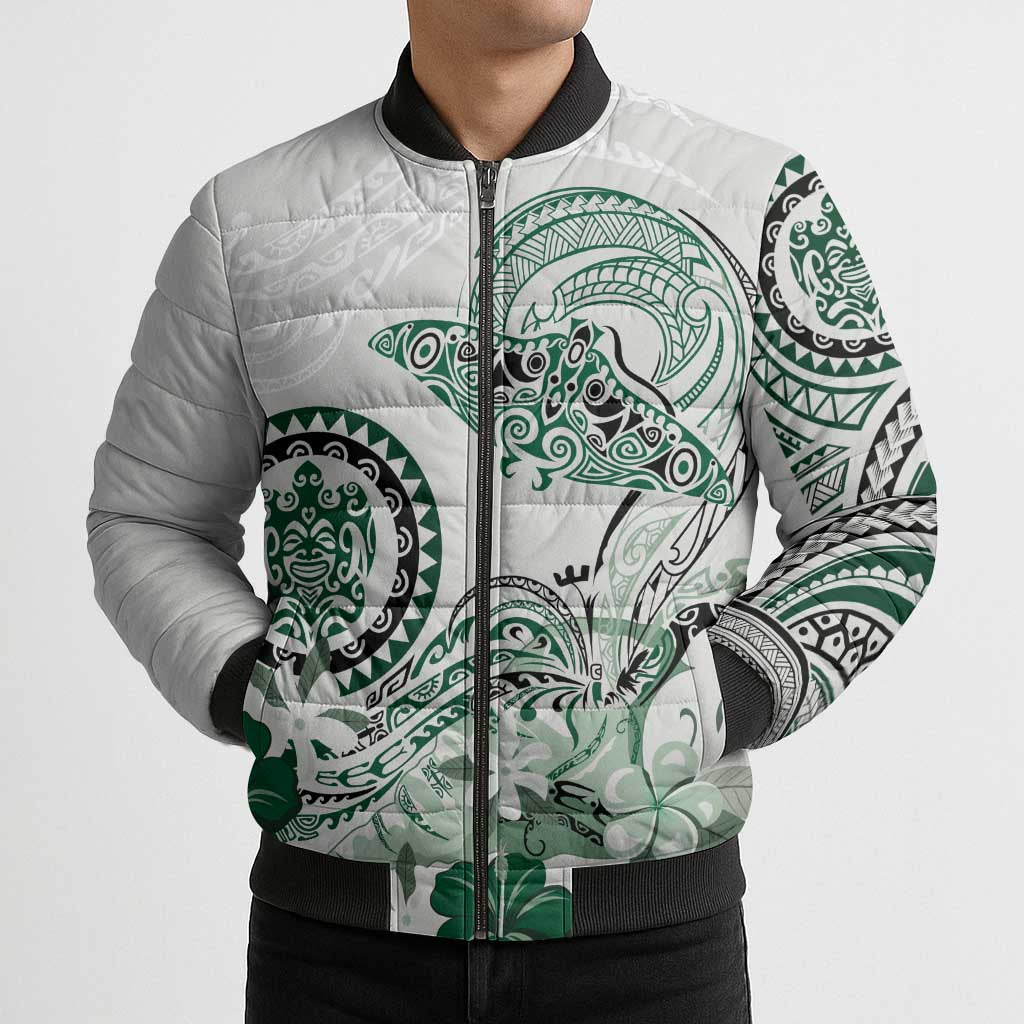 Polynesian Manta Ray Bomber Puffer Jacket Green Floral Turtle Tattoo - Polynesian Pride