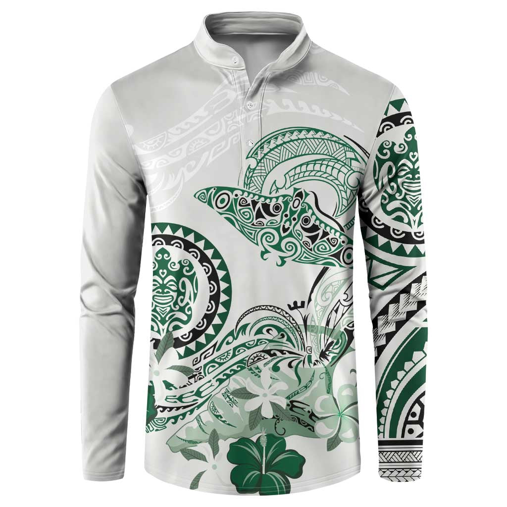 Polynesian Manta Ray Button Sweatshirt Green Floral Turtle Tattoo - Polynesian Pride