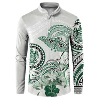 Polynesian Manta Ray Button Sweatshirt Green Floral Turtle Tattoo - Polynesian Pride