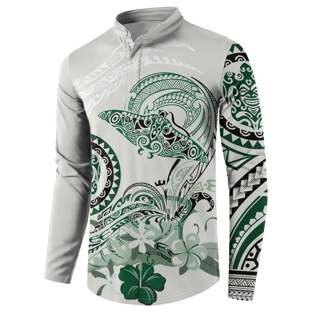 Polynesian Manta Ray Button Sweatshirt Green Floral Turtle Tattoo - Polynesian Pride