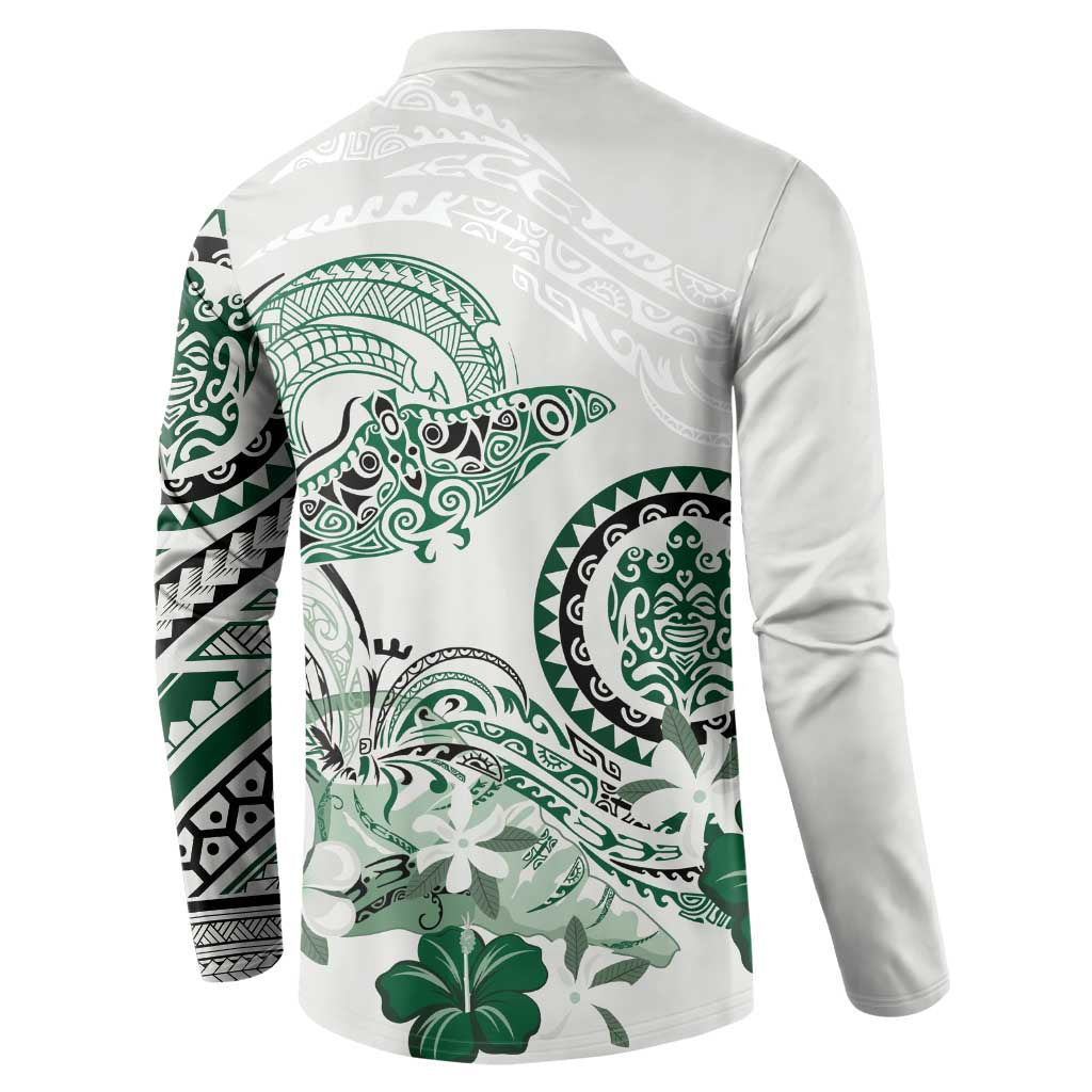 Polynesian Manta Ray Button Sweatshirt Green Floral Turtle Tattoo - Polynesian Pride