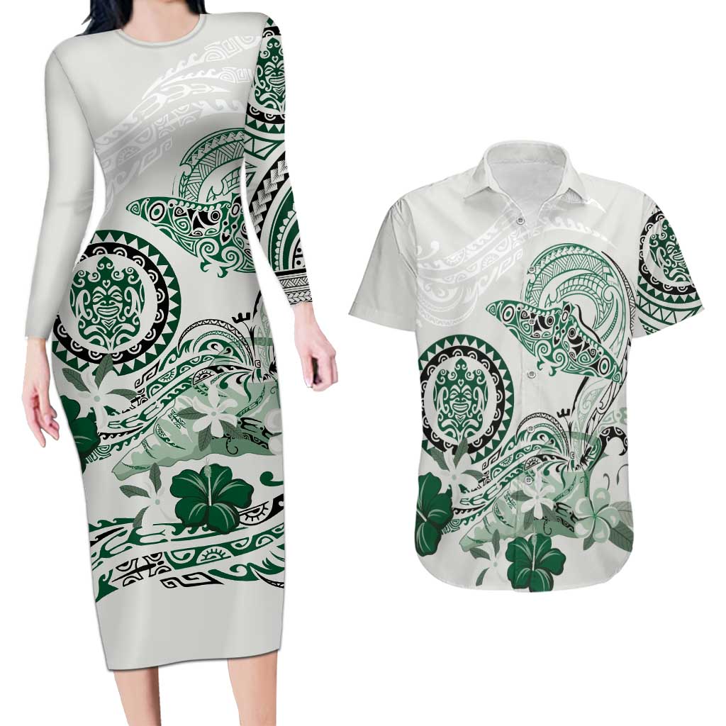 Polynesian Manta Ray Couples Matching Long Sleeve Bodycon Dress and Hawaiian Shirt Green Floral Turtle Tattoo - Polynesian Pride