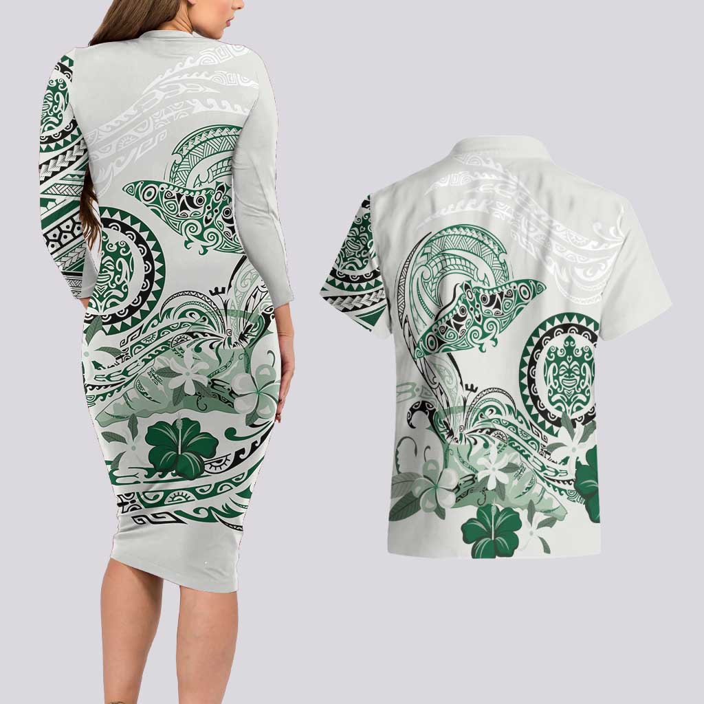 Polynesian Manta Ray Couples Matching Long Sleeve Bodycon Dress and Hawaiian Shirt Green Floral Turtle Tattoo - Polynesian Pride