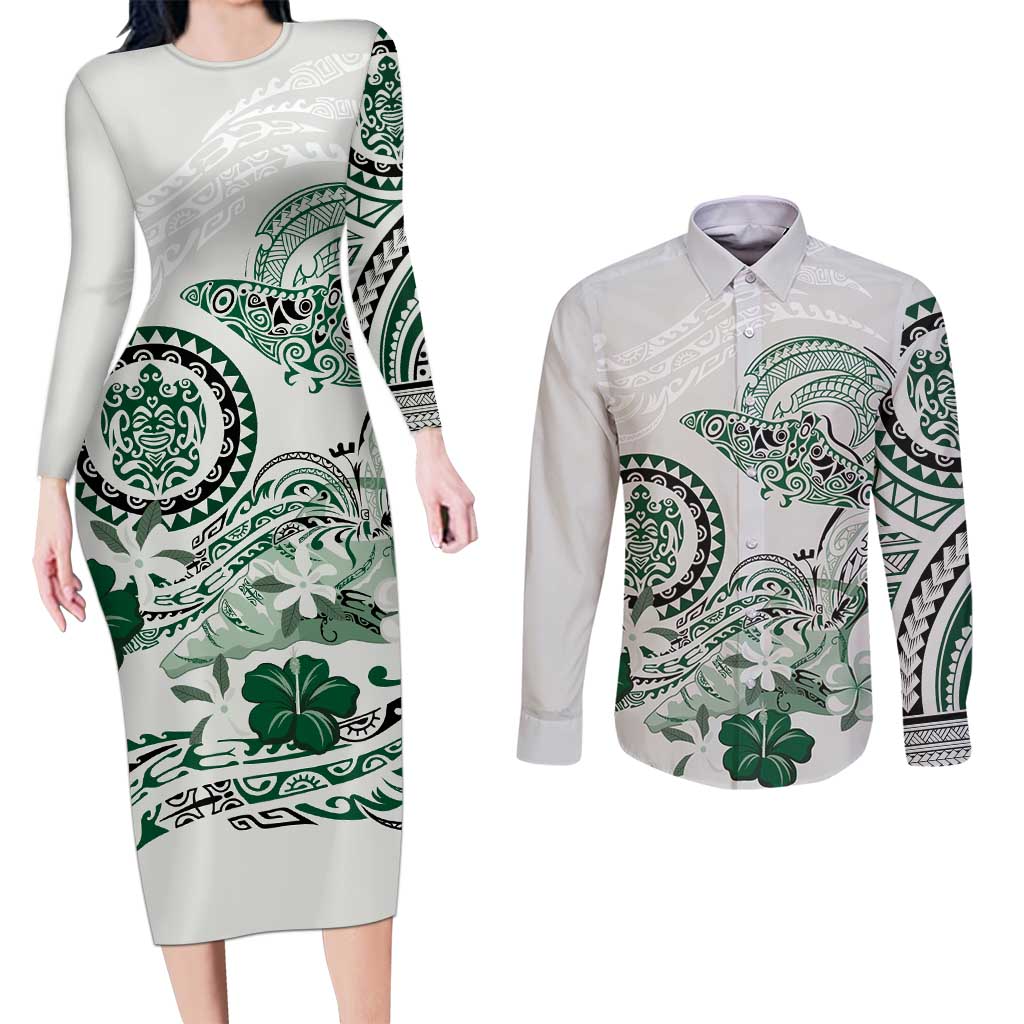 Polynesian Manta Ray Couples Matching Long Sleeve Bodycon Dress and Long Sleeve Button Shirt Green Floral Turtle Tattoo - Polynesian Pride
