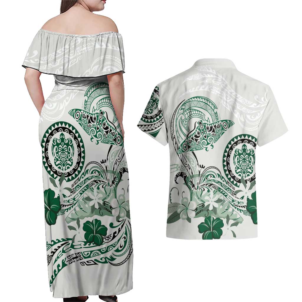 Polynesian Manta Ray Couples Matching Off Shoulder Maxi Dress and Hawaiian Shirt Green Floral Turtle Tattoo - Polynesian Pride