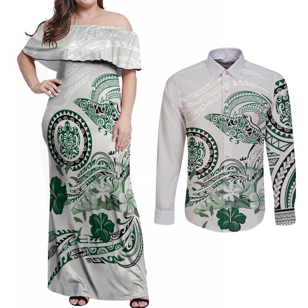 Polynesian Manta Ray Couples Matching Off Shoulder Maxi Dress and Long Sleeve Button Shirt Green Floral Turtle Tattoo - Polynesian Pride