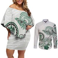 Polynesian Manta Ray Couples Matching Off Shoulder Short Dress and Long Sleeve Button Shirt Green Floral Turtle Tattoo - Polynesian Pride