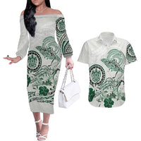 Polynesian Manta Ray Couples Matching Off The Shoulder Long Sleeve Dress and Hawaiian Shirt Green Floral Turtle Tattoo - Polynesian Pride