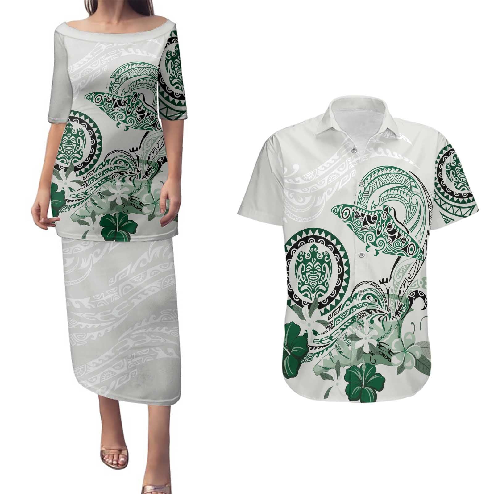 Polynesian Manta Ray Couples Matching Puletasi and Hawaiian Shirt Green Floral Turtle Tattoo - Polynesian Pride