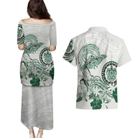 Polynesian Manta Ray Couples Matching Puletasi and Hawaiian Shirt Green Floral Turtle Tattoo - Polynesian Pride