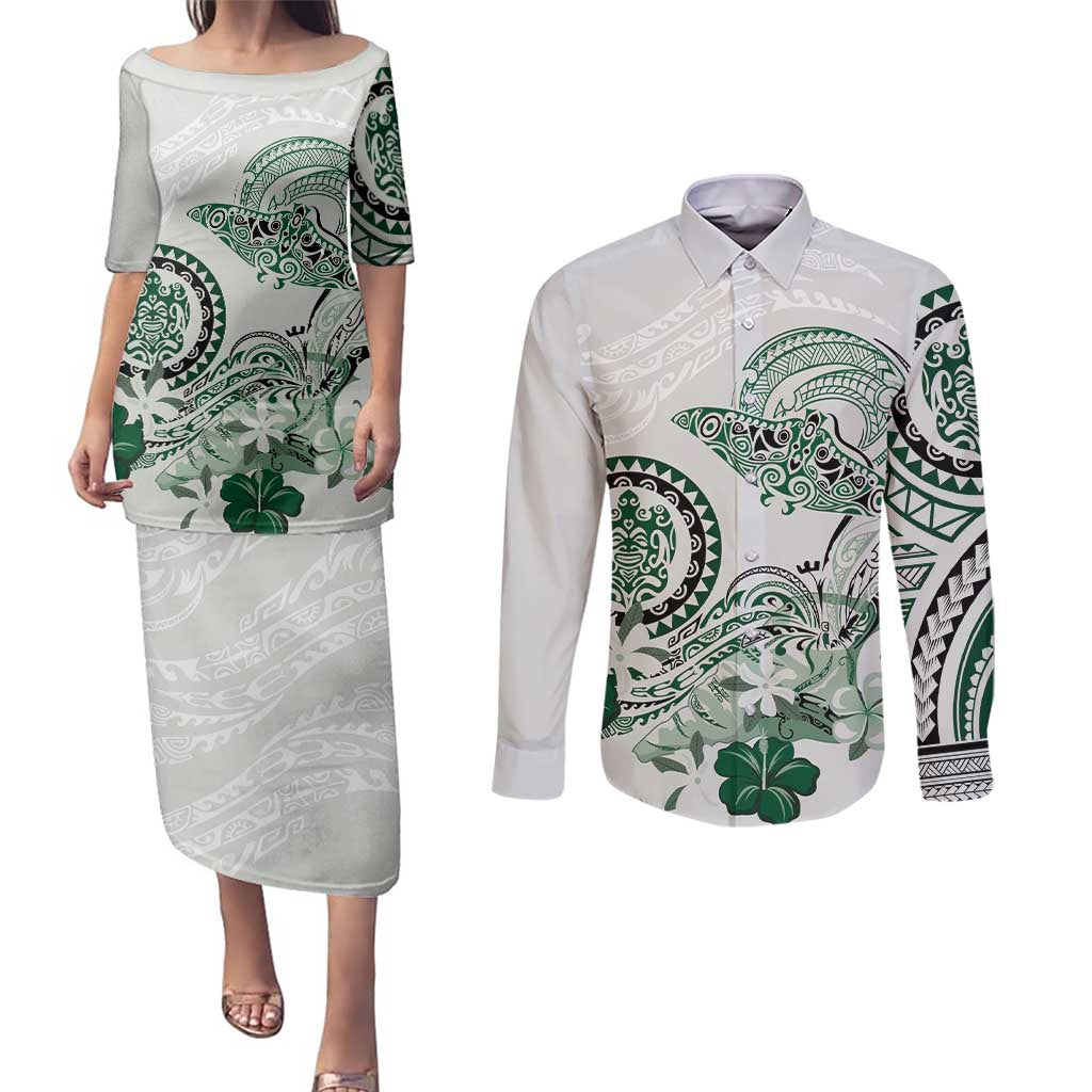 Polynesian Manta Ray Couples Matching Puletasi and Long Sleeve Button Shirt Green Floral Turtle Tattoo - Polynesian Pride