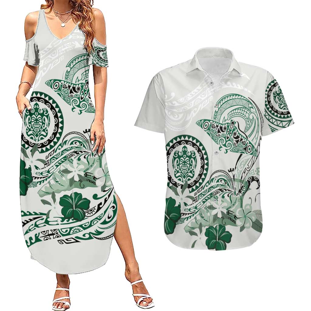 Polynesian Manta Ray Couples Matching Summer Maxi Dress and Hawaiian Shirt Green Floral Turtle Tattoo - Polynesian Pride