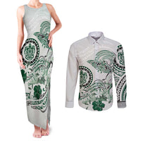 Polynesian Manta Ray Couples Matching Tank Maxi Dress and Long Sleeve Button Shirt Green Floral Turtle Tattoo - Polynesian Pride